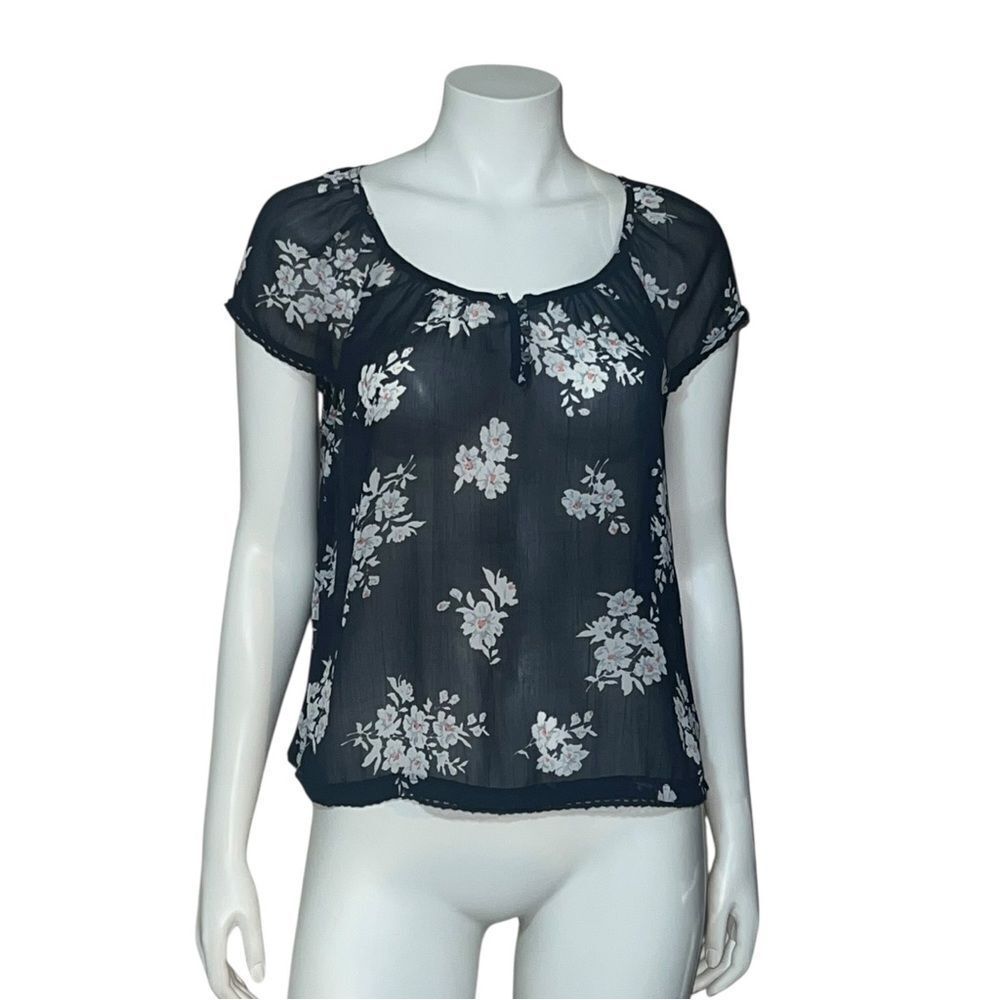Abercrombie & Fitch Women's Sheer Navy Floral Blouse Medium EUC